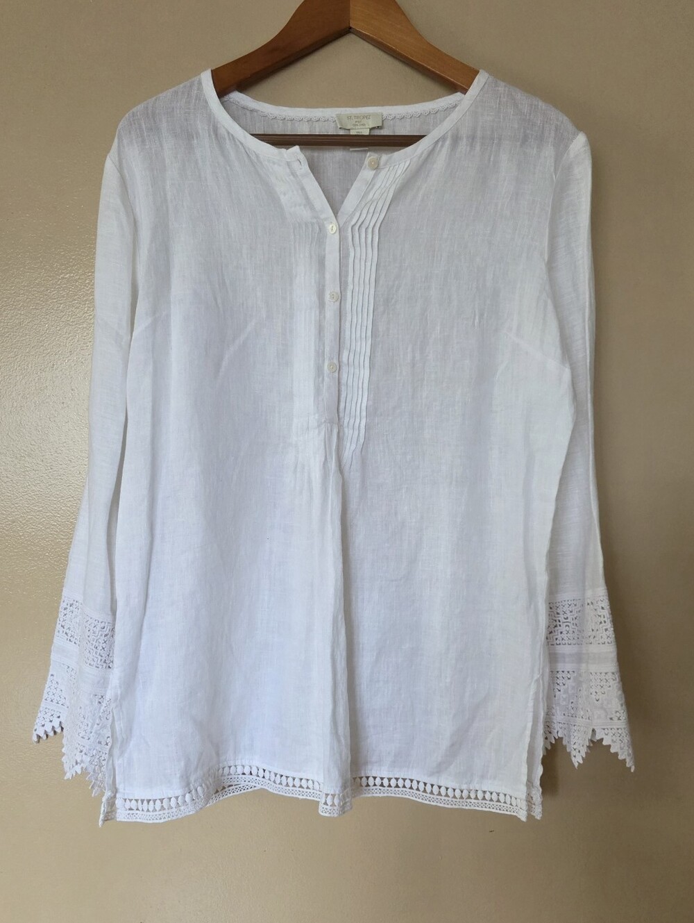 St Tropez West Linen Tunic Top L Crochet Trim Boho Coastal Grandmother Resort